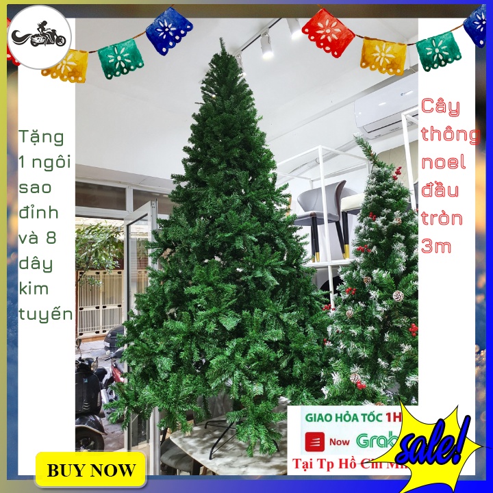 Cây thông noel cao 3m chân sắt tán dày sum suê tặng kèm 8 dây kim tuyến và ngôi sao đỉnh
