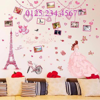Decal dán tường combo 2 bức cô dâu hồng + dây leo tình yêu