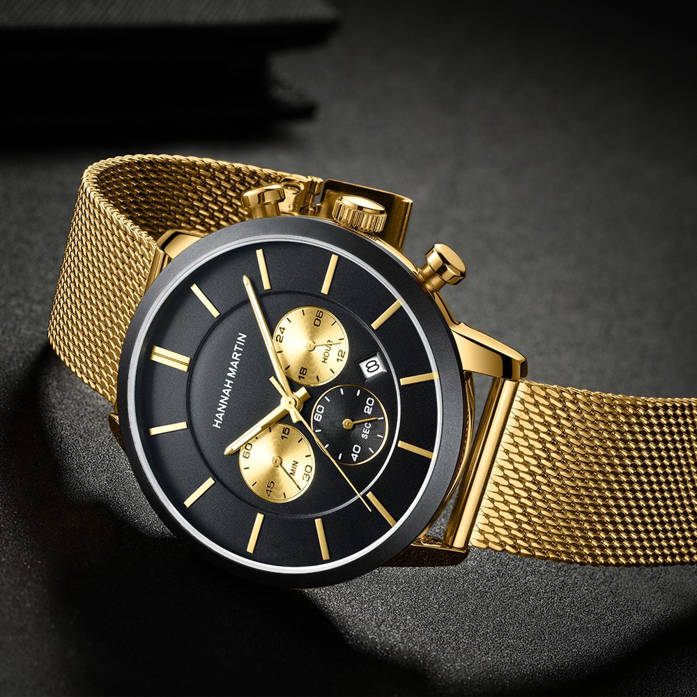 Đồng hồ NAM Men's Watches Hannah Martin 100% Original Fashion Casual Chronograph Aktif Waterproof Quartz Stainless steel mesh Boy Watch COD Gentleman Wrist watches Ready Stock Holiday Gift 120M