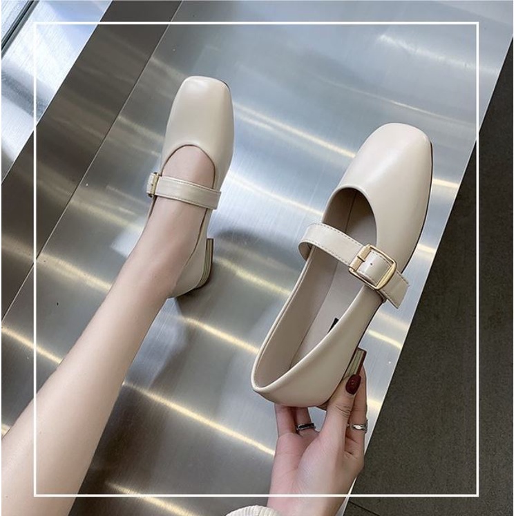 Giày búp bê da mềm nữ gót giả vân gỗ mũi vuông khóa vuông phong cách Hàn Quốc vintage xinh xắn - Mã GB44