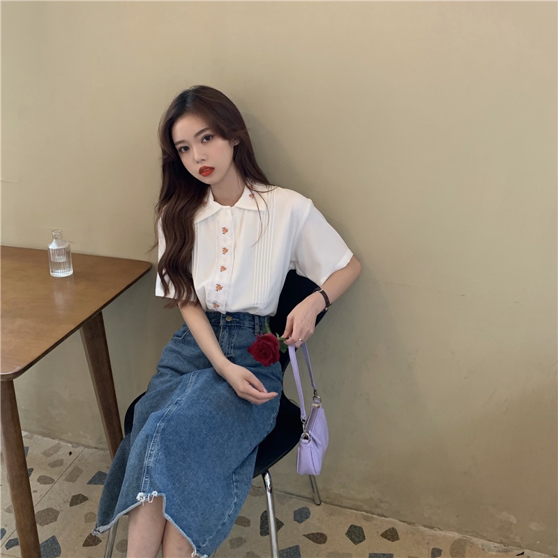 「 WELOVE1 」Áo Sơ Mi Ngắn Tay Thêu Hoa Thời Trang Cho Nữ