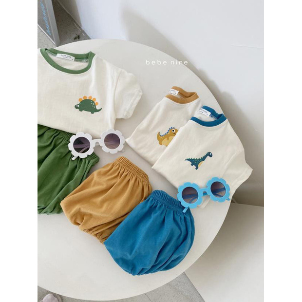 Set áo thun + quần đùi họa tiết khủng long hoạt hình thời trang hè đáng yêu cho bé
