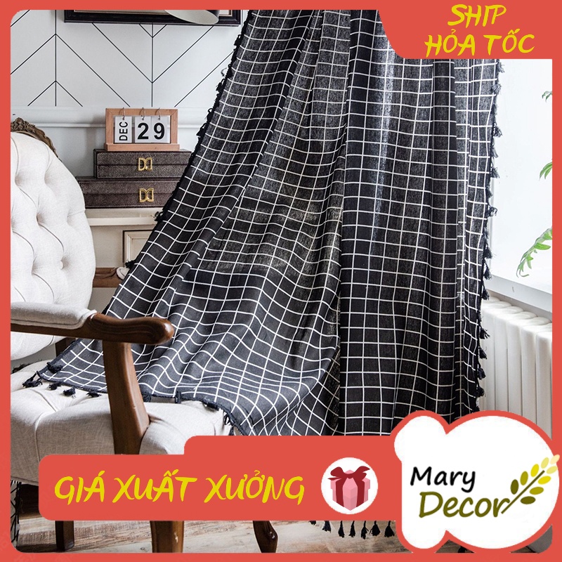 Rèm cửa sổ phòng ngủ cao cấp giá rẻ, mẫu mới nhất hiện nay chống nắng tốt - họa tiết Caro đen R-A02