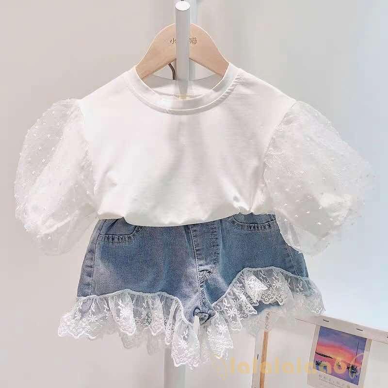 Set Áo Thun Tay Ngắn &amp; Quần Short Jeans Cho Bé Gái