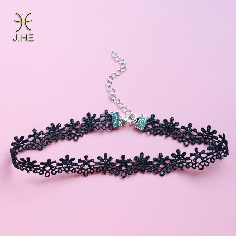 【JIHE】Vòng Cổ Choker Màu Đen Phối Ren Đơn Giản Thời Trang