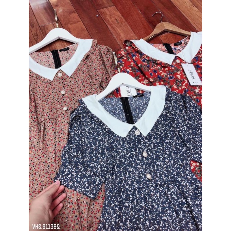 Đầm Nữ Hoa Nhí Ngắn Tay Cổ Bèo Phối Màu 🦋 Váy Nữ Cộc Tay Hoa Dáng Xòe Khóa Sau 3 Màu 🦋 | BigBuy360 - bigbuy360.vn
