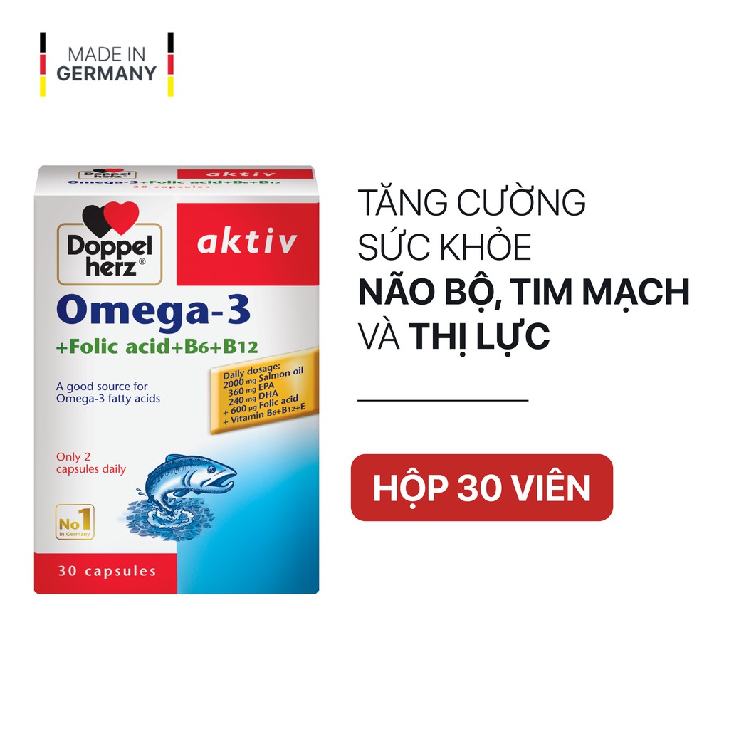 [TPCN NHẬP KHẨU] Viên uống tăng cường thị lực, tim mạch và não bộ Doppelherz Omega 3 + Folic acid + B6 + B12 (30 viên)