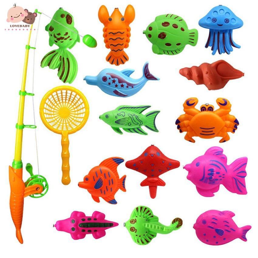 15pcs Kids Fishing Game Set Cartoon Magnetic Fishing Toy Pool Toy Water Toy