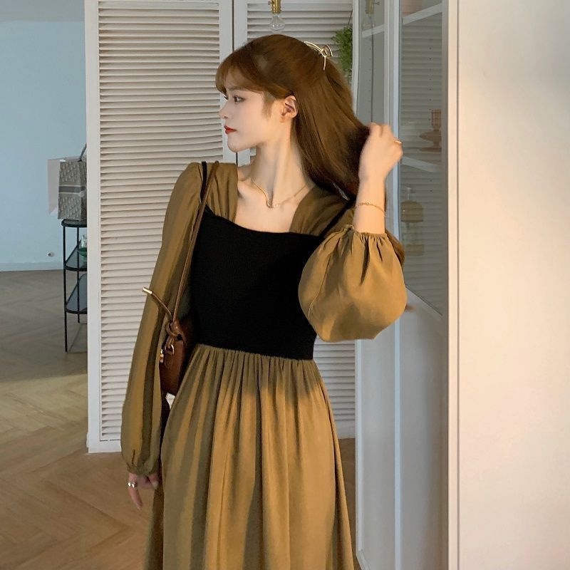 Đầm ZHELIHANGFEI giả hai mảnh cổ vuông tay phồng dáng ôm eo thời trang cho nữ