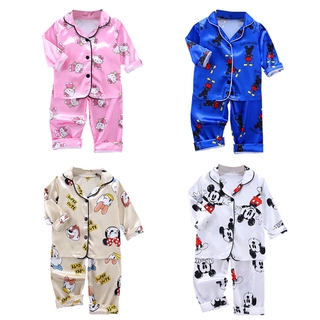 Bộ áo quần ngủ dài tay vải lụa in họa tiết chuột Mickey hoạt họa đáng yêu cho bé trai và gái