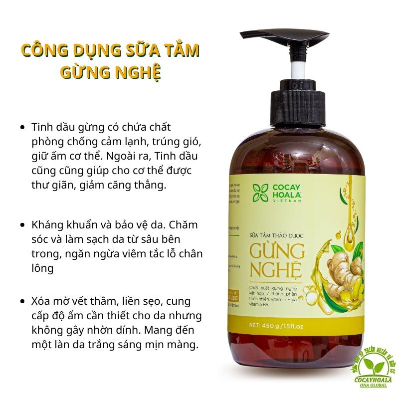 Sữa Tắm Gừng Nghệ Cocayhoala Sữa Tắm Thảo Dược Cỏ Cây Hoa Lá sáng da ngừa thâm hết mụn lưng giữ ấm cơ thể Chai 300g 450g