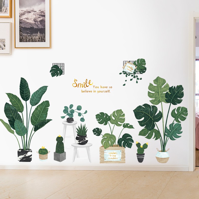 decal dán tường chậu cây xanh