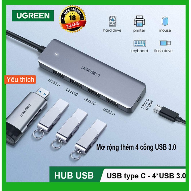 Bộ chia USB 1 ra 4 cổng USB 3.0 Cao Cấp Ugreen 50985 Chính Hãng CM129 (có cổng trợ nguồn Micro usb)