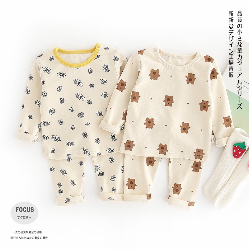 Bộ đồ ngủ áo tay dài + quần dài in hình gấu dễ thương cho bé