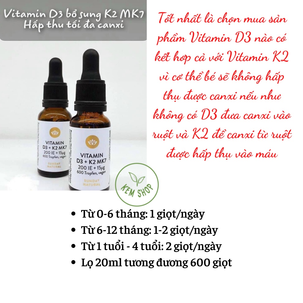 [CHUẨN AUTH] Vitamin D3 K2 MK7 Sunday Natural Đức 20ml Cho Trẻ Từ Sơ Sinh Đến 4 Tuổi, Tăng Hấp Thụ Canxi tăng chiều cao