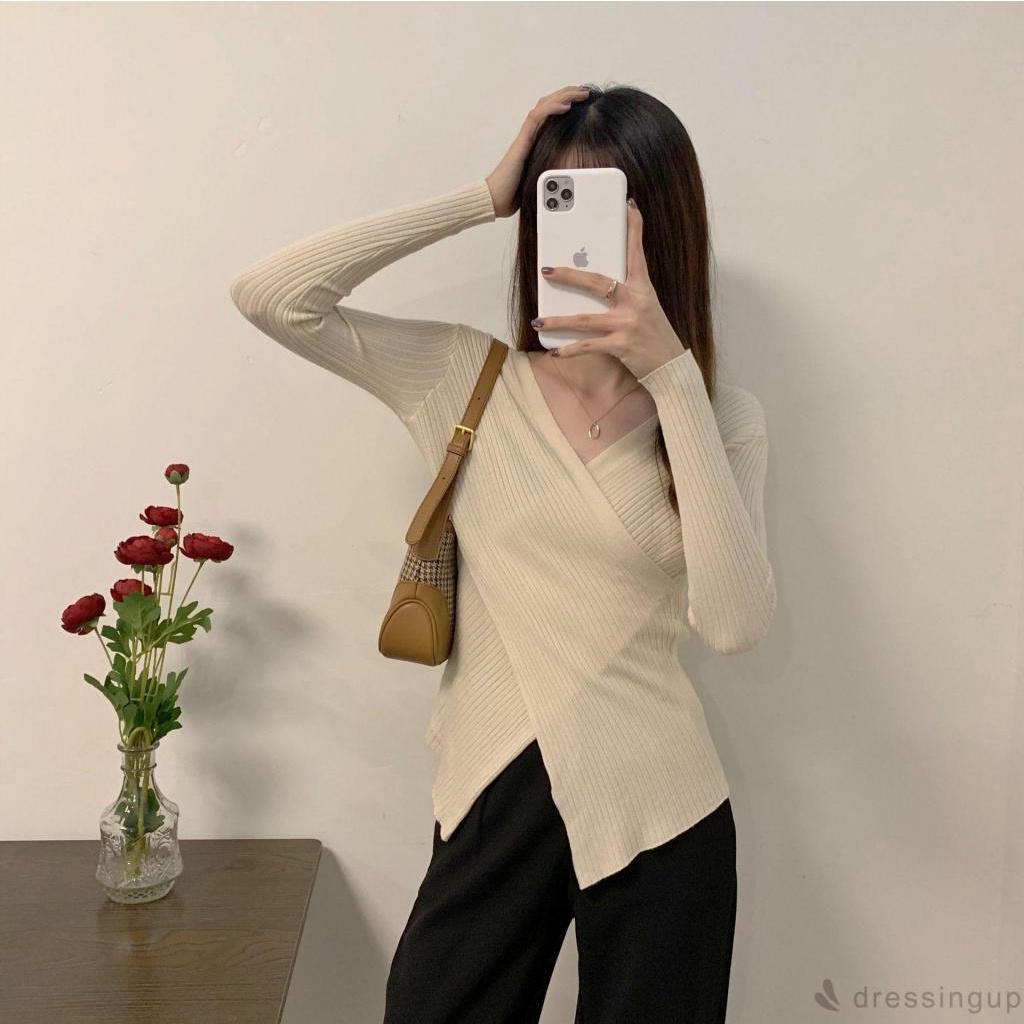 Áo dệt kim tay dài cổ chữ V màu trơn thời trang cho nữ