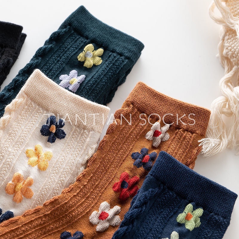 TIAN TIAN T133 Vớ  nữ cổ cao Tất Cotton Cổ Vừa In Họa Tiết Hoa Nhiều Màu Sắc Phong Cách Hàn Quốc  Thời Trang Thu Đông Dễ Thương