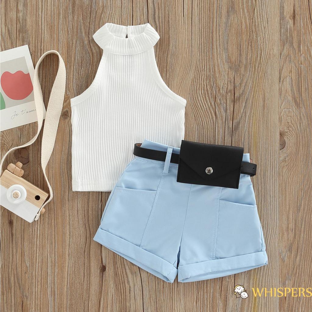 Set Áo Sát Nách Cổ Đứng + Quần Short + Thắt Lưng Cho Bé Gái