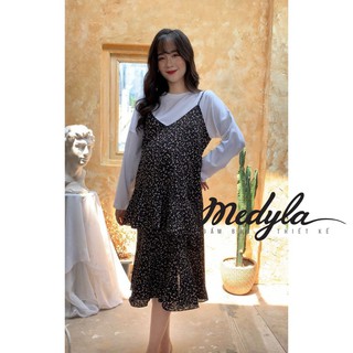 Váy bầu Medyla thu đông tằm lụa - Yếm bầu 2 dây dáng xuông thiết kế Medyla - V301