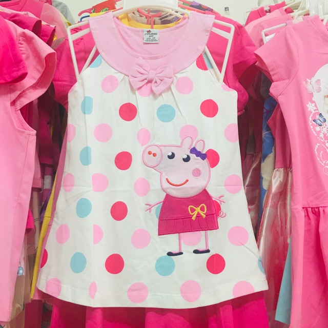 Váy đầm thun bé gái heo peppa mềm mát cổ yếm chấm bi rất xinh size 1-12