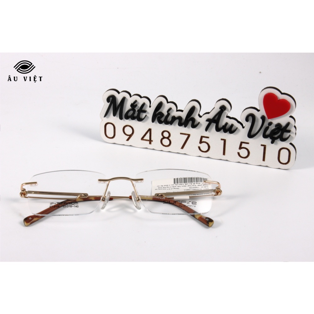 Gọng kính khoan nam nữ kim loại titanium dáng vuông chữ nhật Sunfire ST-9106 màu nâu vàng Full box