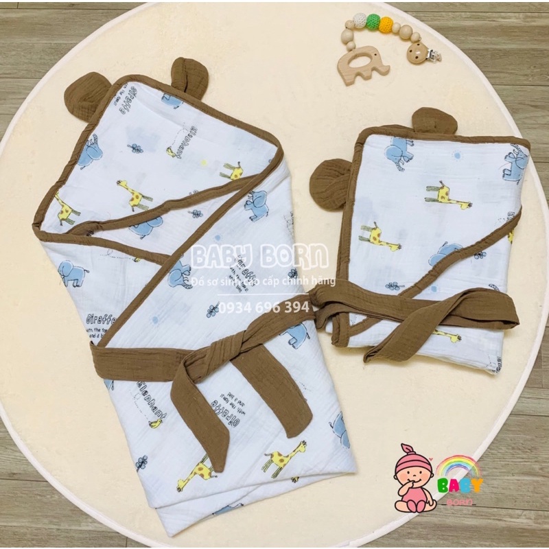 Emom - Chăn ủ Muslin sợi tre đa năng 4 lớp có mũ mềm mại