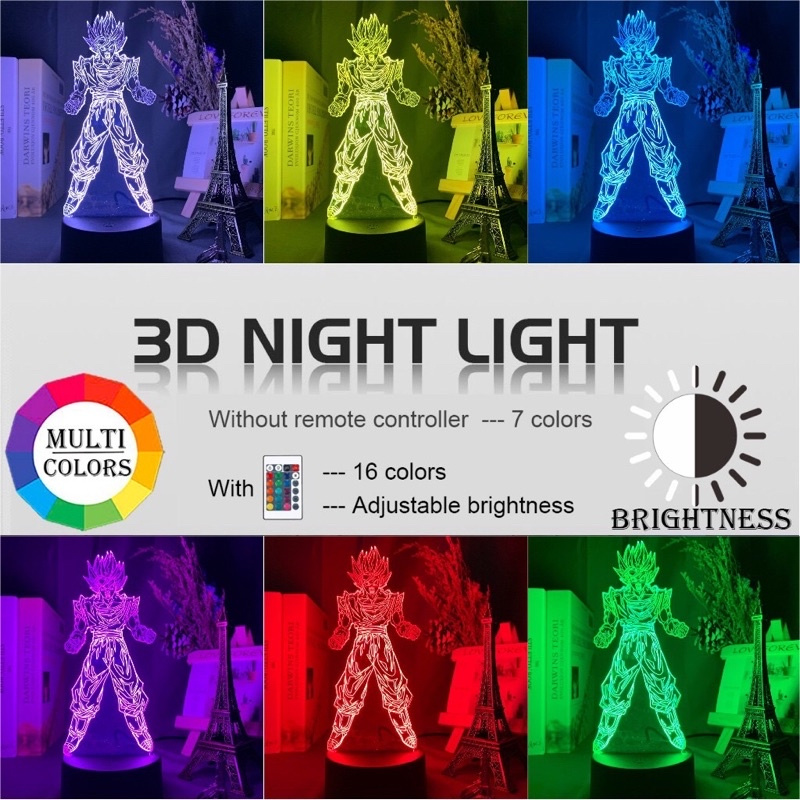 Đèn Ngủ Led 3d Anime Songoku Bảy Viên Ngọc Rồng Dragonball 16 Màu Có Remote Điều Khiển