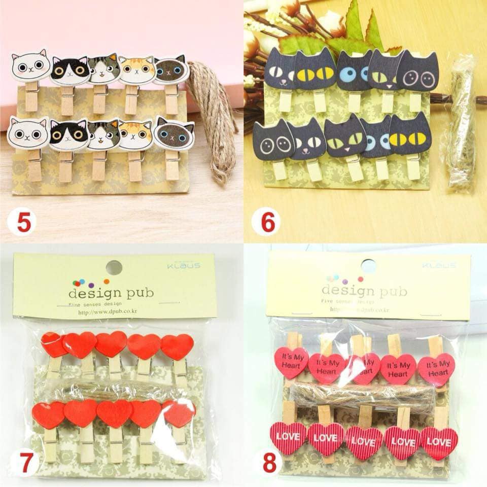 10 Kẹp gỗ và dây thừng để treo ảnh - Mini heart wooden pegs photo clips