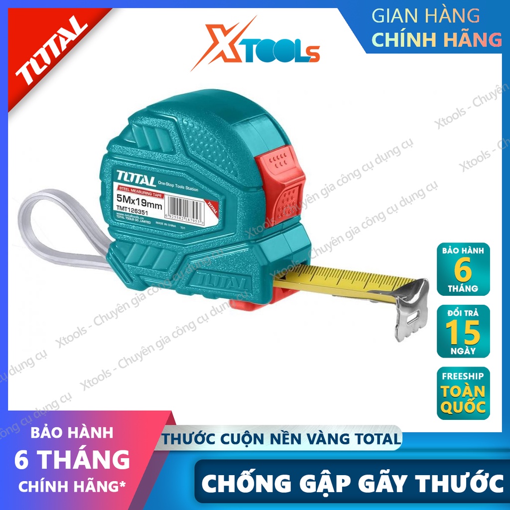 Thước cuộn thép nền vàng TOTAL, thước dây cuộn tự động chất liệu ABS cứng chắc chống va đập, thước dây thép