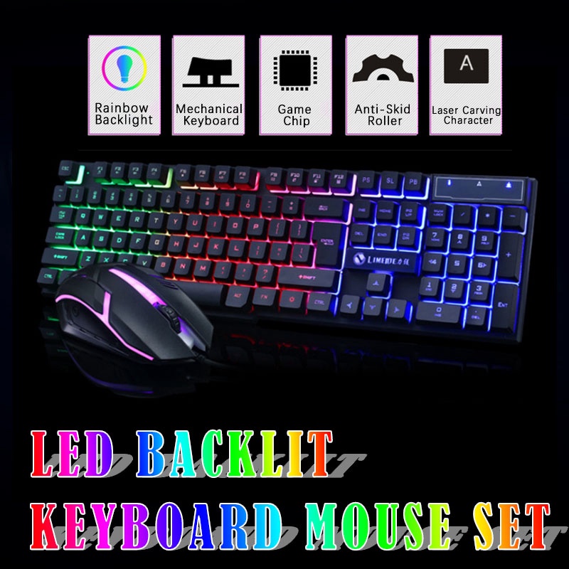 Bộ bàn phím chơi game có dây kèm chuột máy tính với bộ bàn phím cơ USB 7 màu LED