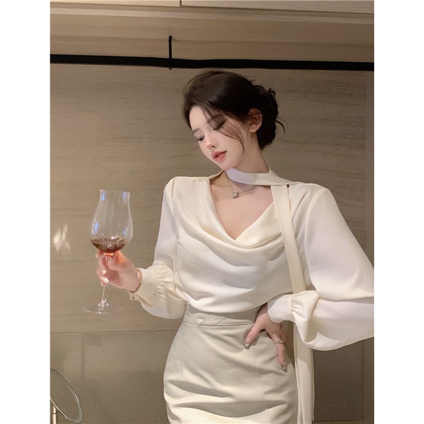 Set Áo Sơ Mi Trắng Dài Tay + Chân Váy Lưng Cao Phong Cách Hàn Quốc Thời Trang Cho Nữ