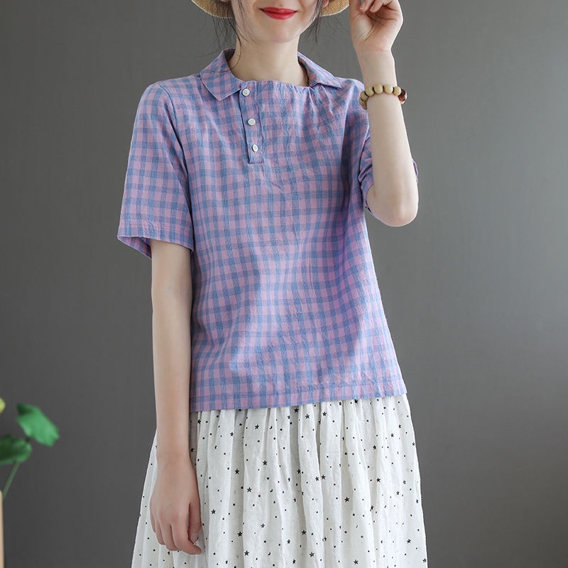 Áo Sơ Mi Nữ Tay Ngắn Dáng Rộng Họa Tiết Caro Chất Liệu Cotton Lanh Thời Trang Cho Nữ
