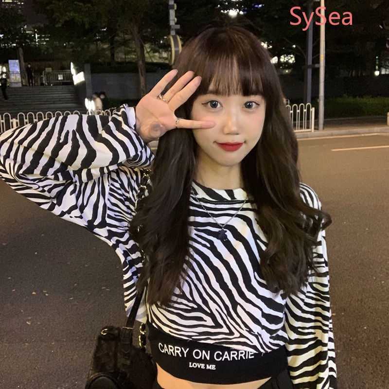 Áo Croptop Tay Dài Dáng Rộng Kẻ Sọc Ngựa Vằn Thời Trang Mùa Thu Cho Nữ