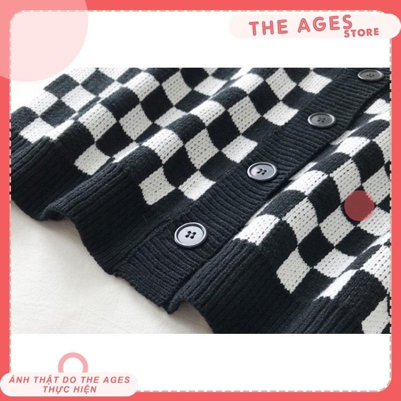 Áo cardigan len dày họa tiết sọc caro, Áo khoác len nữ form rộng 100% được may từ len mềm mịn, dày dặn THE AGES | BigBuy360 - bigbuy360.vn