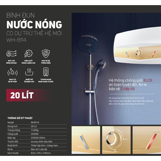 Bình nóng lạnh gián tiếp Roler 20L WH-8114 kiểu ngang