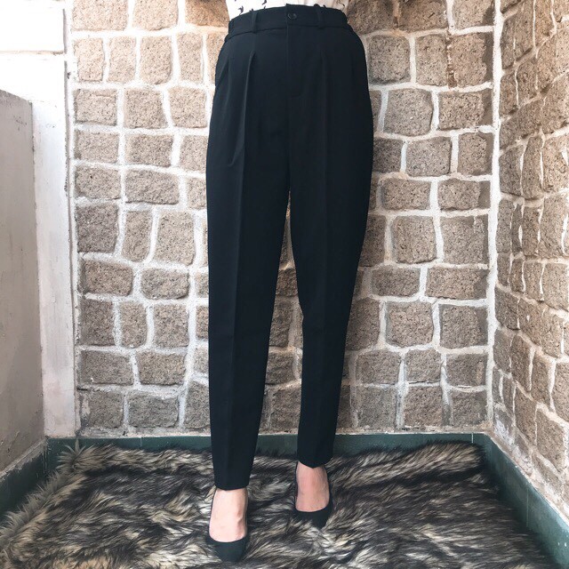 Quân tây nữ baggy lưng thun, quần tây vải tuyết mưa form chuẩn màu đen có bigsize | BigBuy360 - bigbuy360.vn