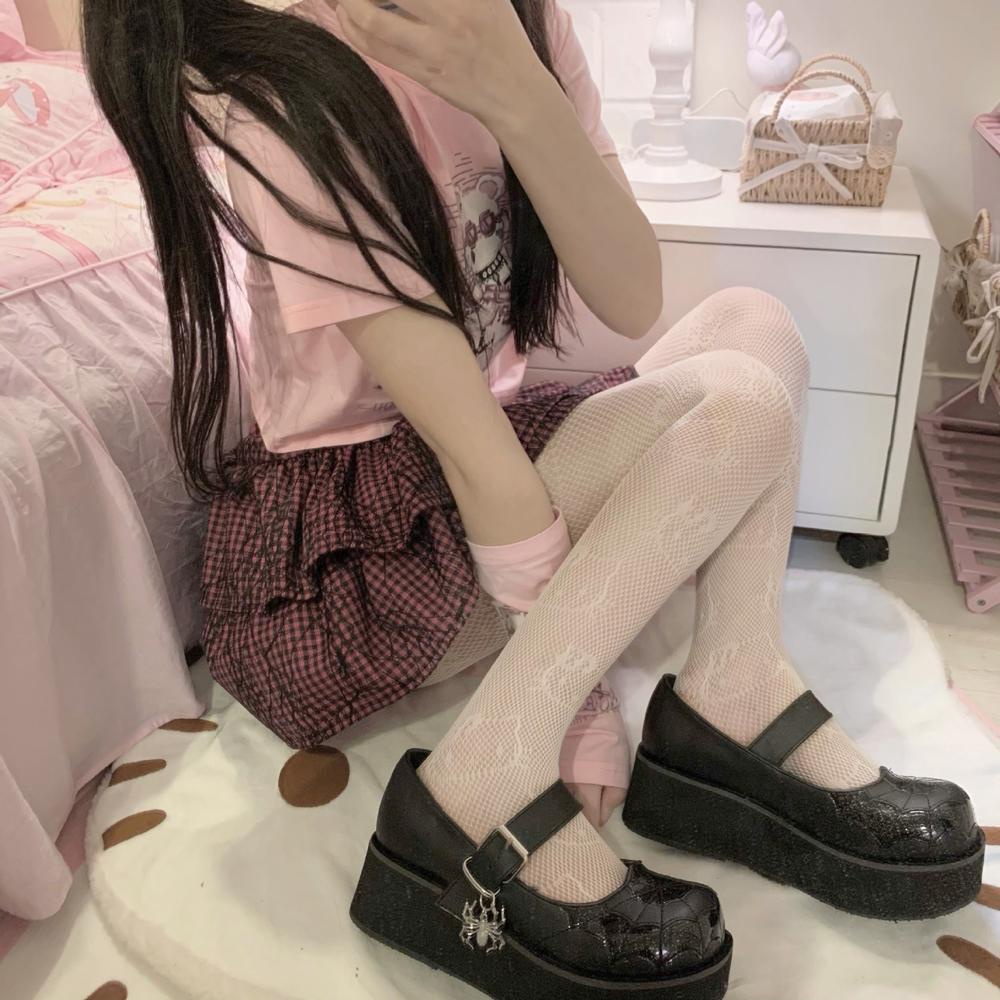 Quần Tất Lưới Trong Suốt Họa Tiết Mèo Kitty Phong Cách Lolita