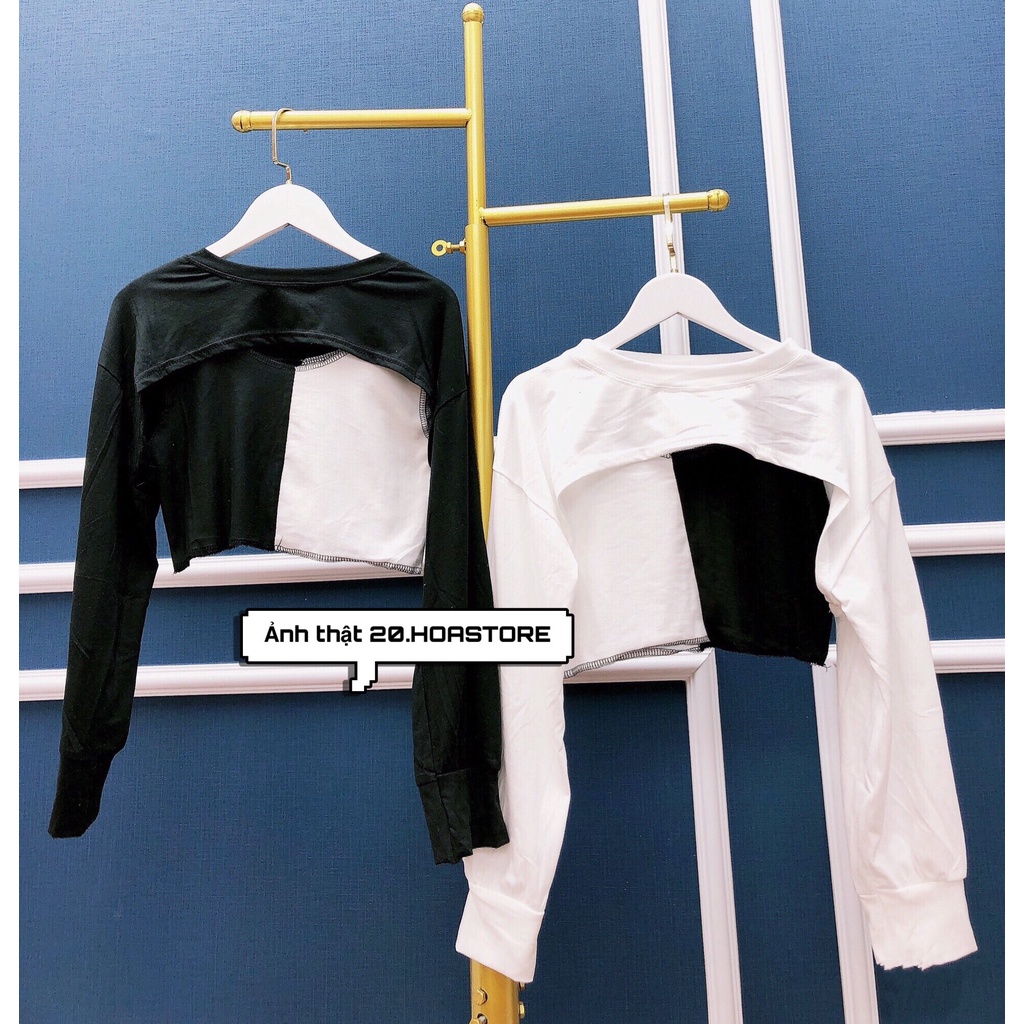 Set Áo Thun Sweater Croptop Dài Tay Cutout + Áo 3 Lỗ Phối Màu Đen Trắng - Bộ Áo Croptop Tay Dài Kèm Áo Trong 2 Màu