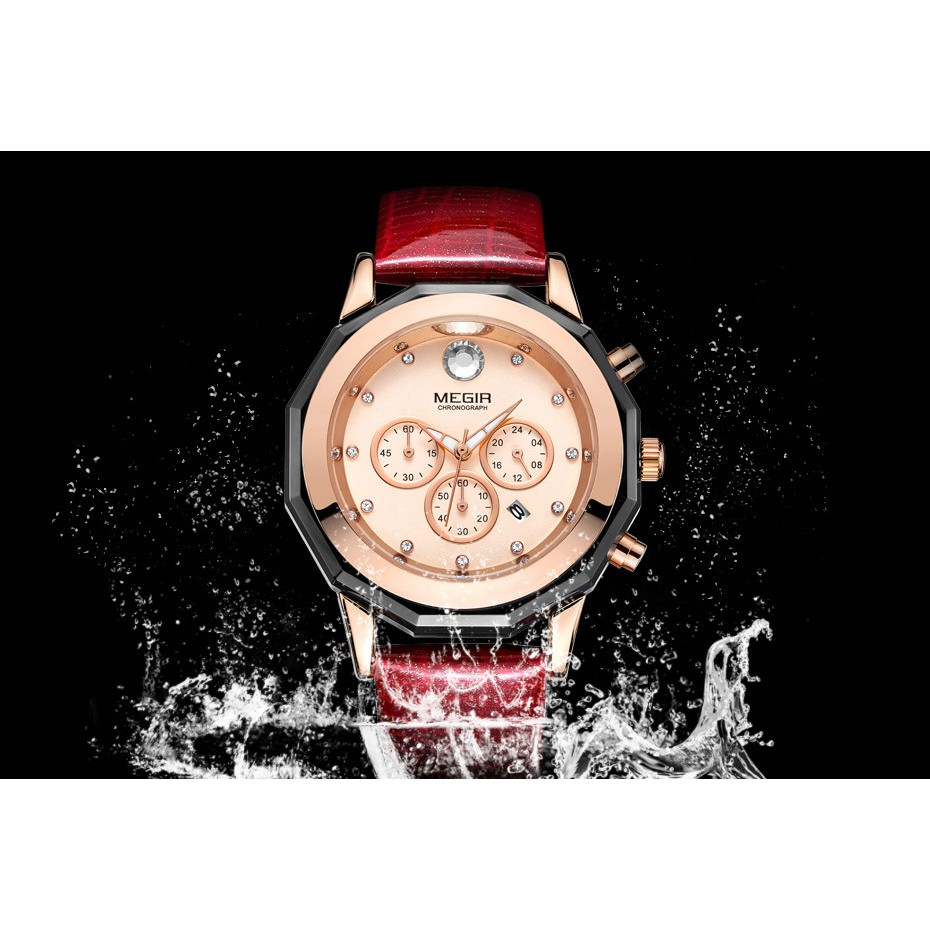 Fashionable Quartz Watches Megir 2042 Women Luxury Chronograph Wrist Watches Red Ladies Wristwatch Genuine Leather Strap Female