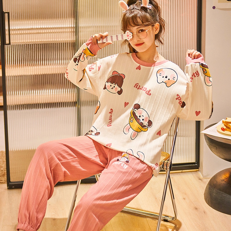 Bộ Đồ Ngủ Cotton Tay Dài Cổ Tròn In Họa Tiết Hoạt Hình Anime Dành Cho Nữ
