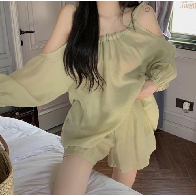 Set Áo Kiểu Trễ Vai Tay Phồng + Quần Short Thời Trang Mùa Hè Hàn Quốc 2022 Mới