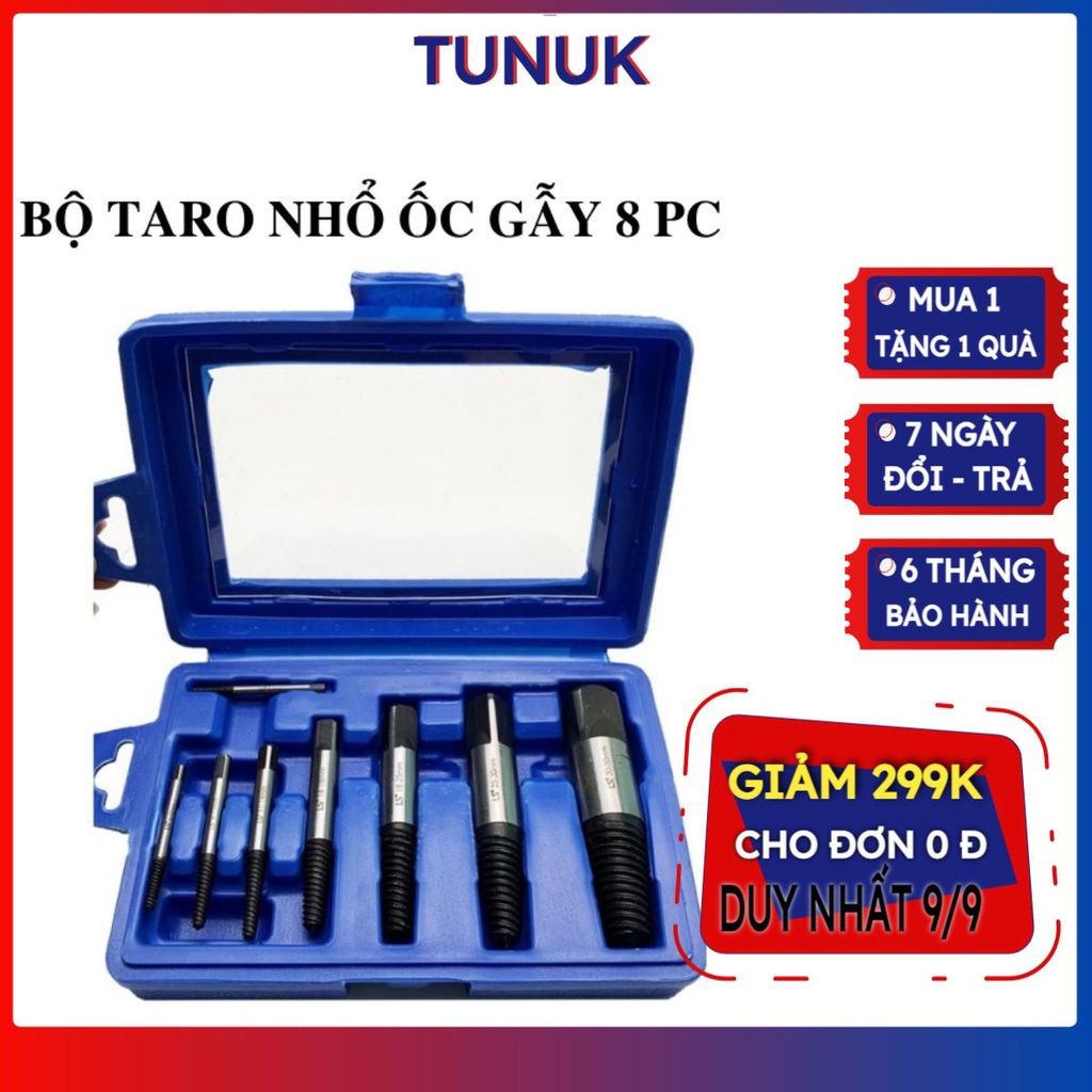 Bộ taro ren trái nhổ ốc vít gãy 8 cây (3-26mm) Tunuk dụng cụ mở ốc vít, mũi khoan lấy ốc gẫy