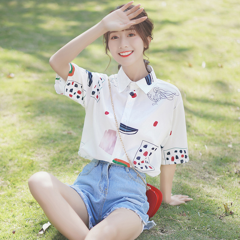 Women's White Polo Collar Printed Chiffon Blouse Loose Korean Fashion Summer Short Sleeve Shirt Tops | BigBuy360 - bigbuy360.vn