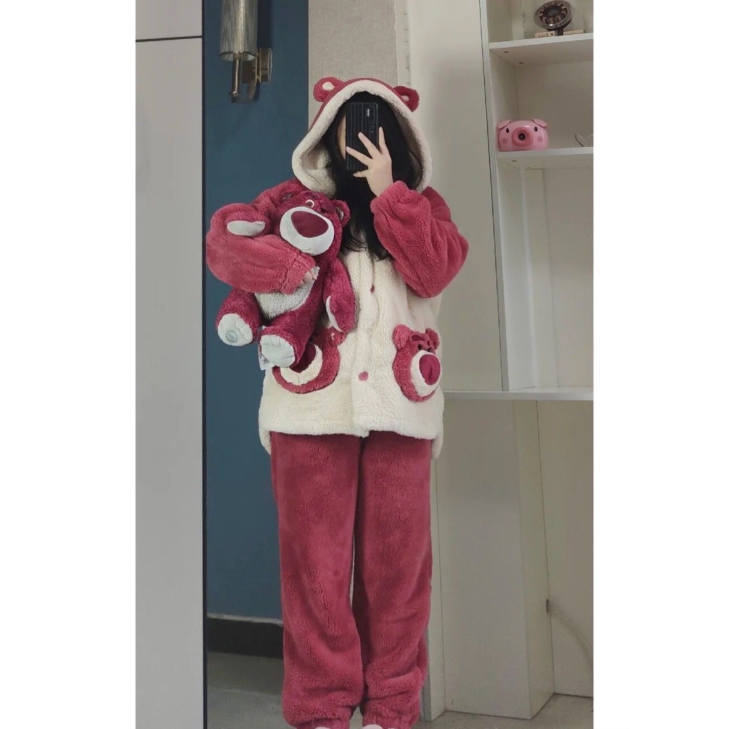 Bộ ngủ lông cừu, 2 mặt siêu mền mịn túi hình gấu đỏ trắng dễ thương phong cách hàn quốc, sét giữ nhiệt