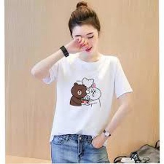 Áo phông nữ cổ tròn in hình gấu Brown và thỏ Cony