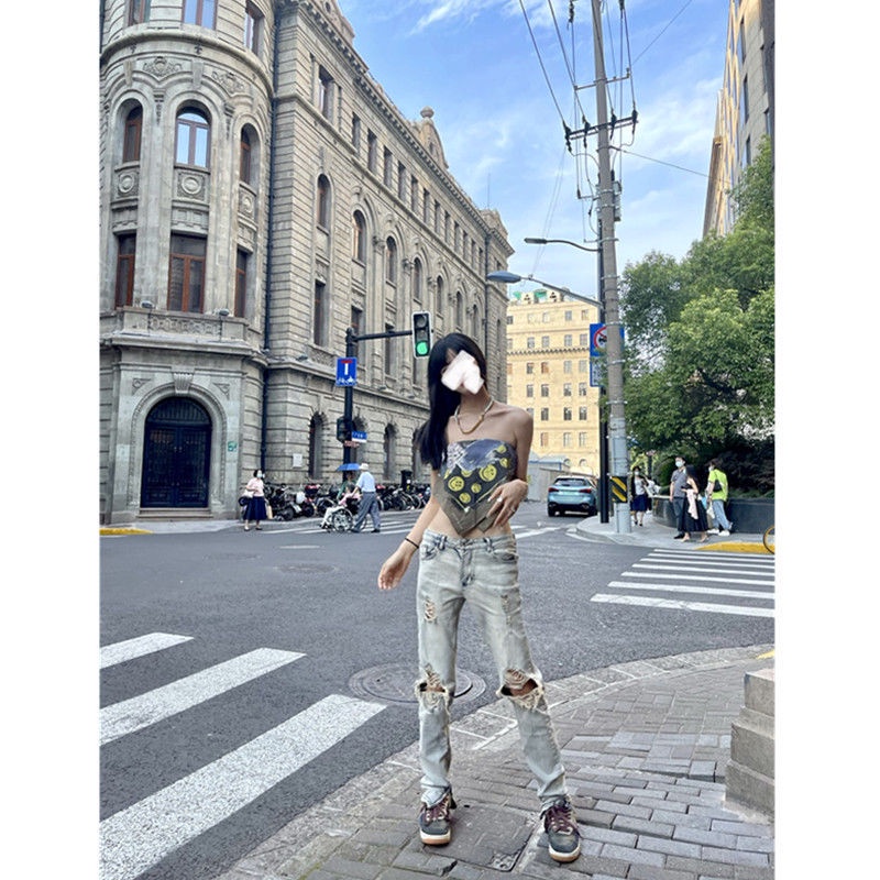 Quần jeans rách dáng ôm 9AG1 kéo khóa zip phong cách đường phố hiphop Âu Mỹ