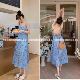 Đầm midi 2s hoa thắt nơ lưng xanh