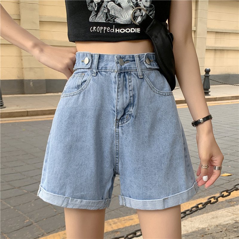 Quần short jean lưng cao, quần đùi ngố lật lai có 5 nút chỉnh eo