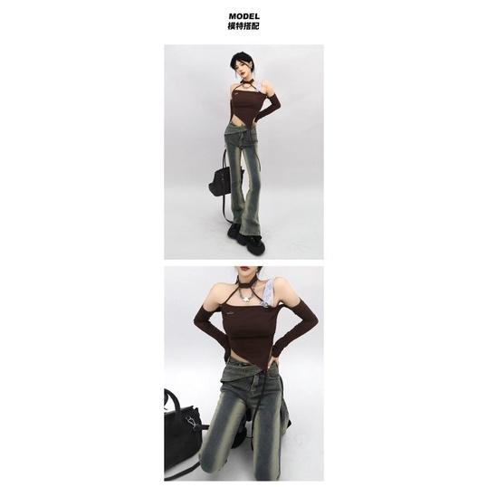 1W BLACK micro-horn jeans for women 2022 new design oblique waist slimming wide leg straight long pants 7SD1
