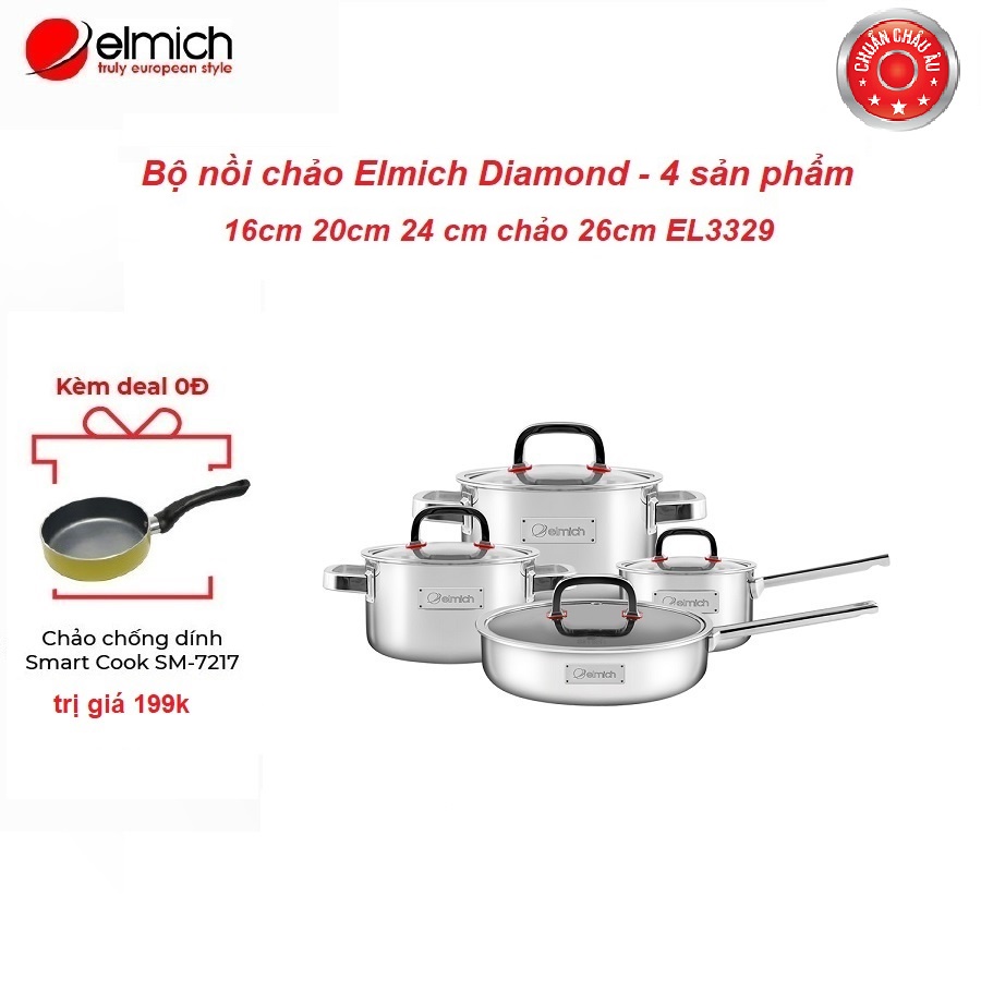 [Mã LIFEMALL9915 giảm 12% đơn 99K] Bộ nồi chảo sang trọng 3 lớp liền đáy Elmich Diamond size 16cm,20cm,24cm,26cm EL3329